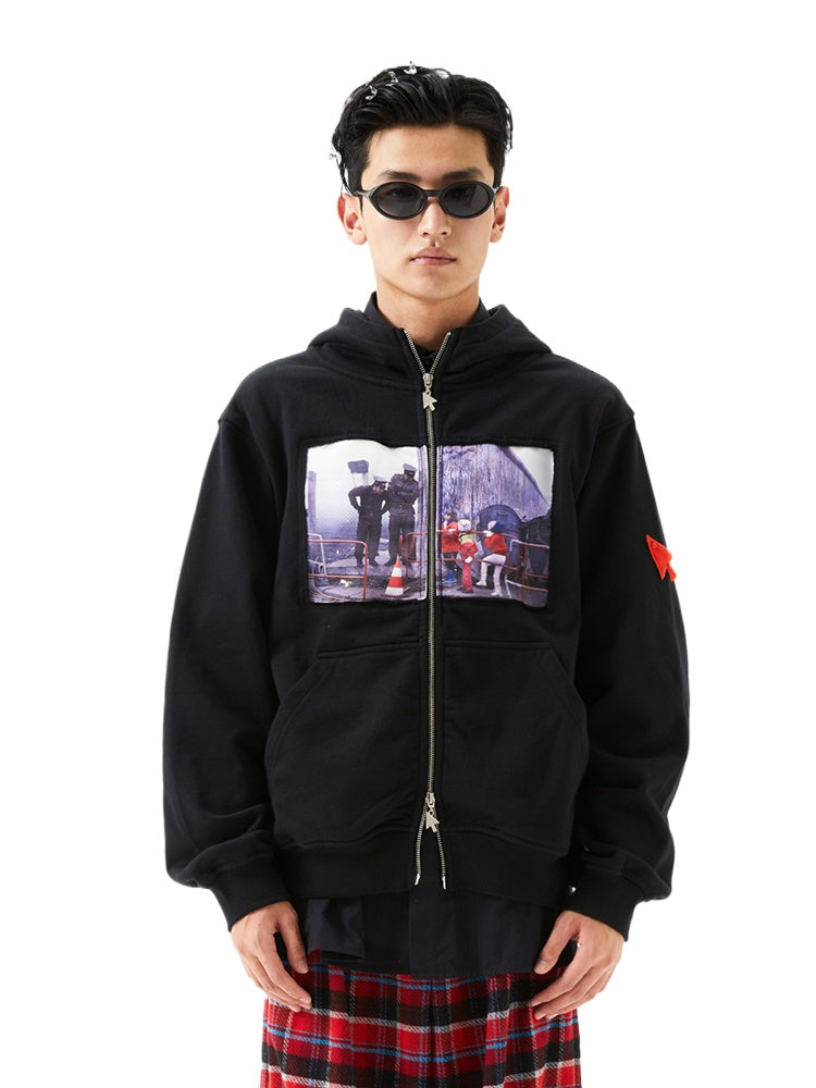 Black Printed Hoodie Cardigan - CHINASQUAD
