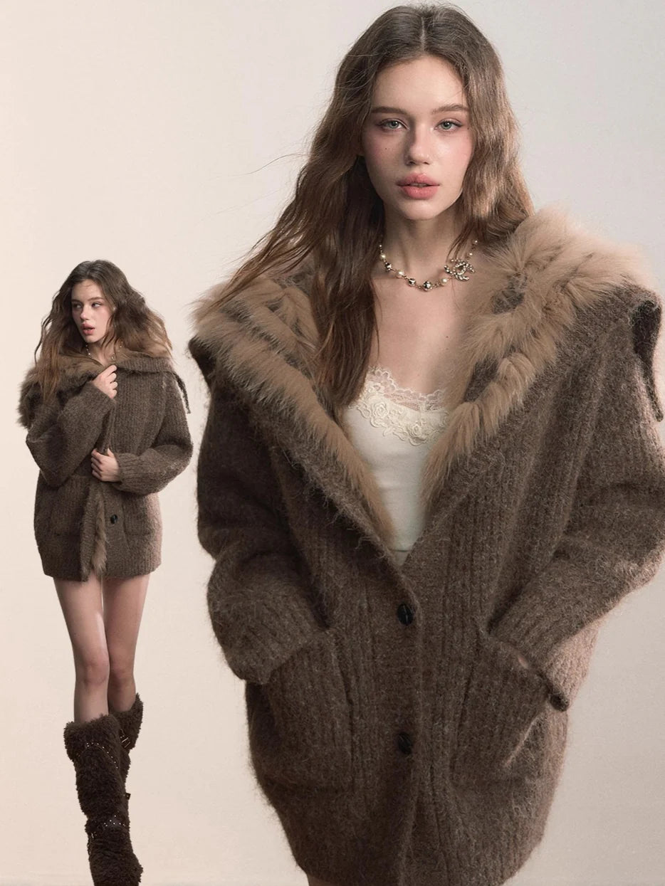 Fox Fur Collar Plush Knit Cardigan
