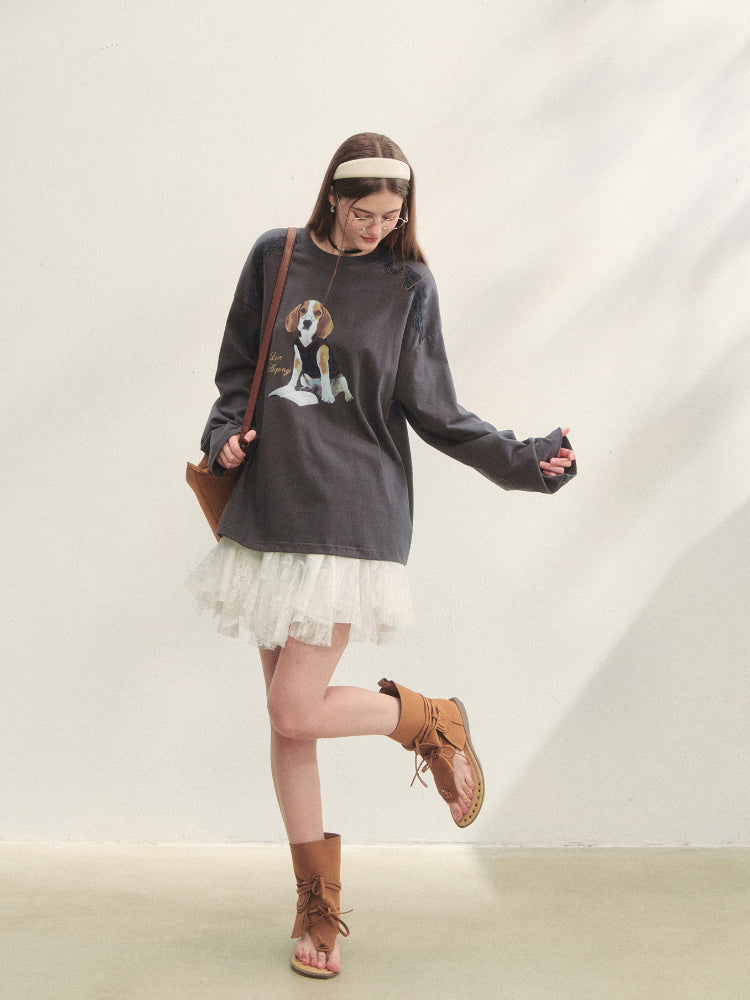 Lace Panel Dog Print Crew Neck Tee - CHINASQUAD