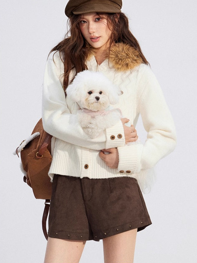 Detachable-Fur Cable-Knit Hoodie