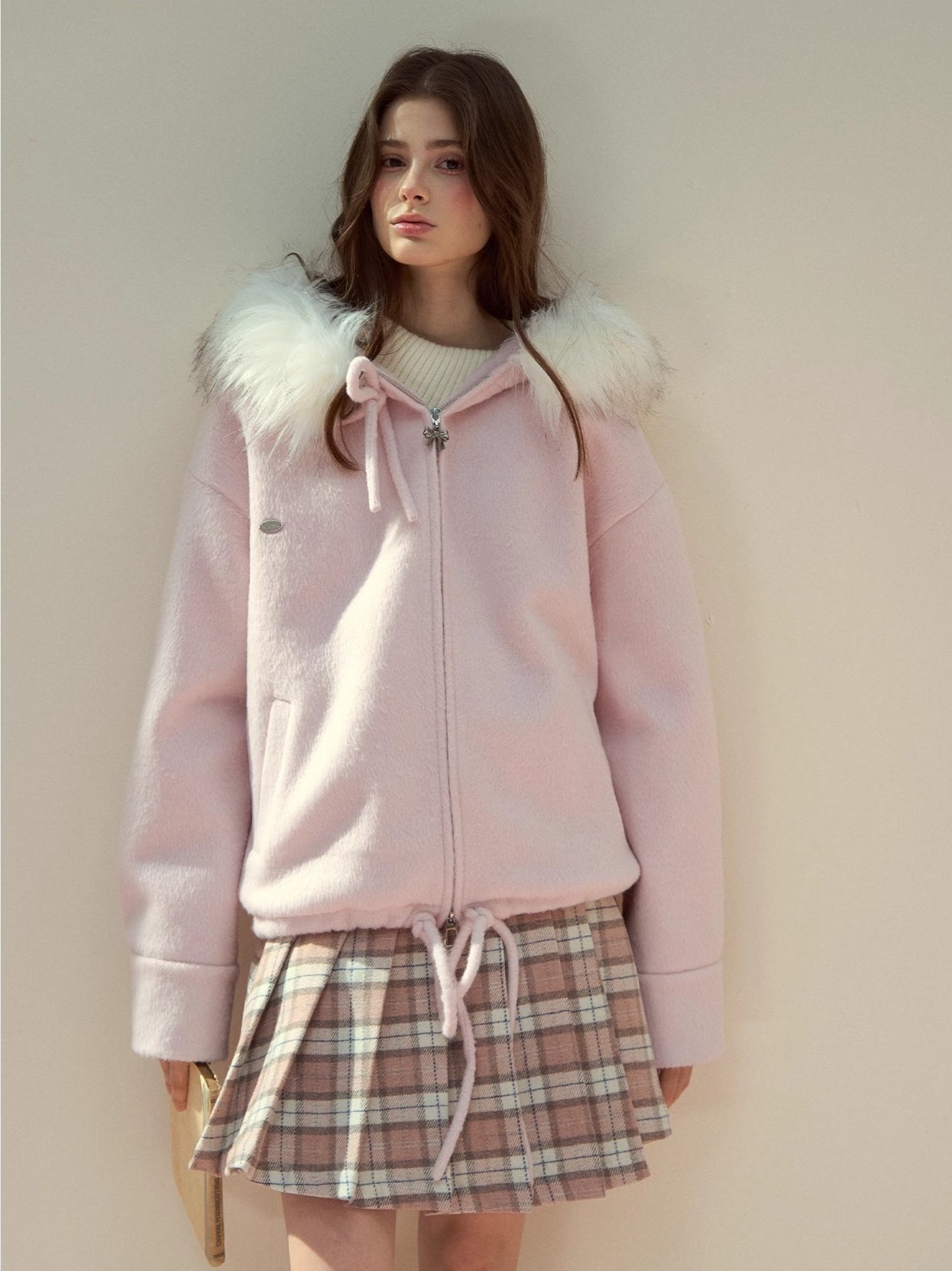 Blush Plaid Wool A-Line Pleated Skirt - CHINASQUAD