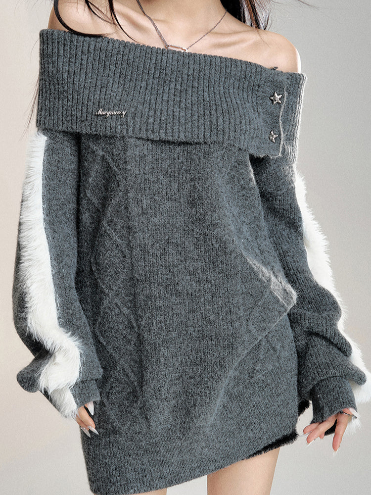 Gray Off-the-shoulder Oversized Sweater - CHINASQUAD