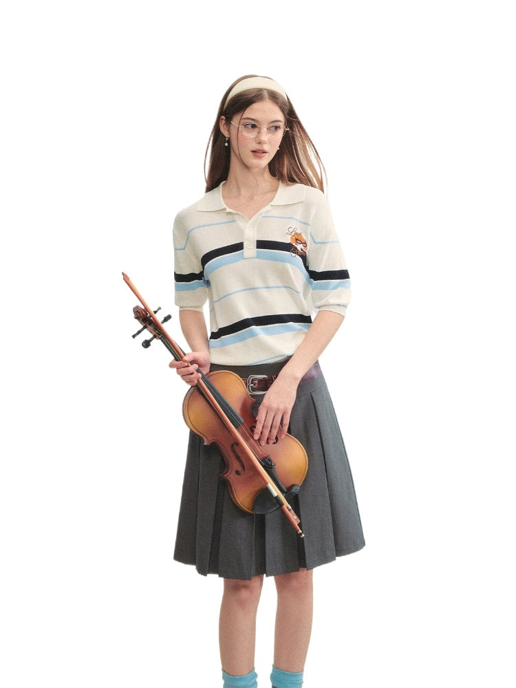 Embroidered Striped Knitted Short-sleeve Polo Shirt - CHINASQUAD