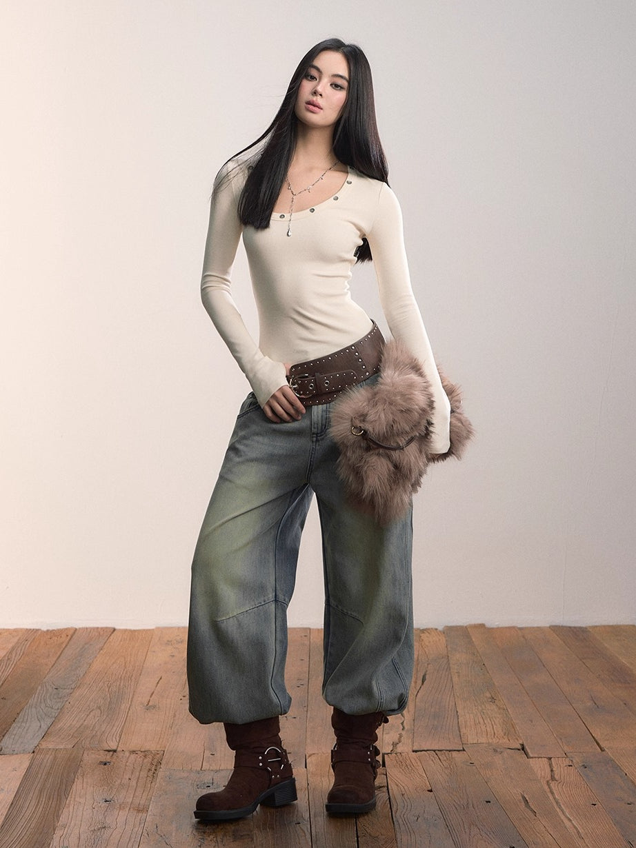 Studded Asymmetric U-Neck Knit T-Shirt
