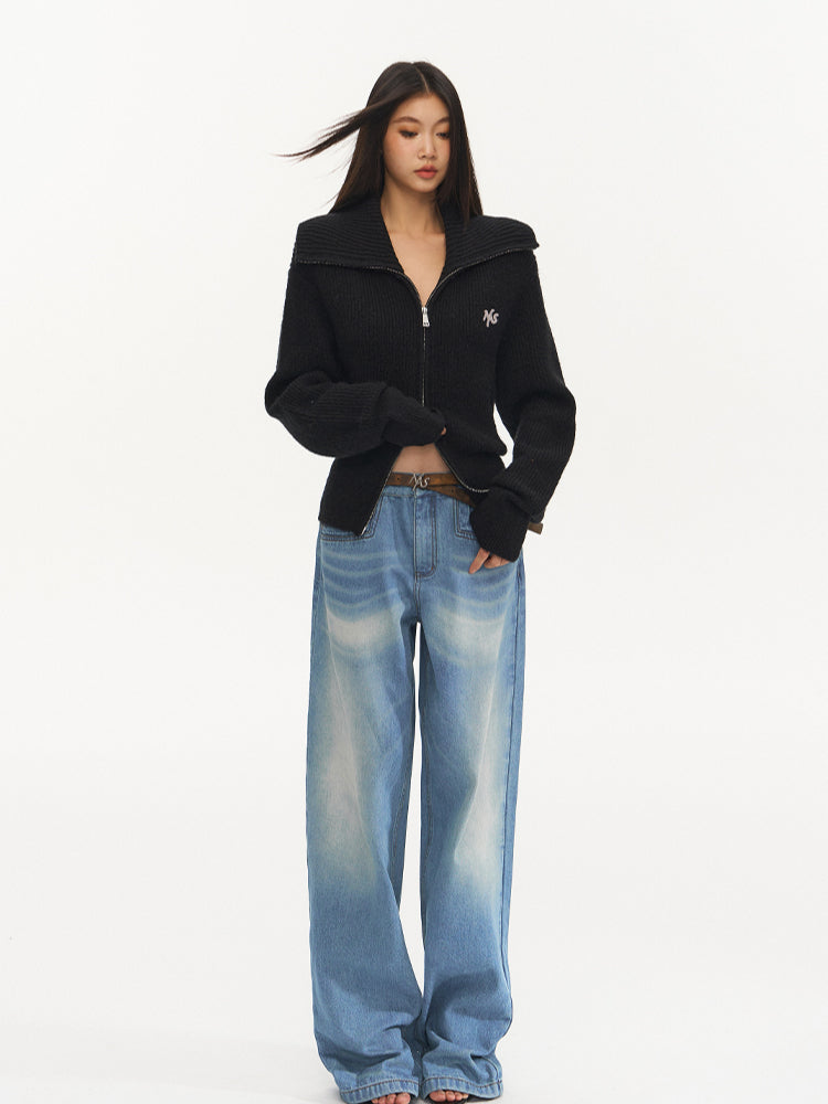 Black Loose Fit Double Zipper Knit Cardigan - CHINASQUAD