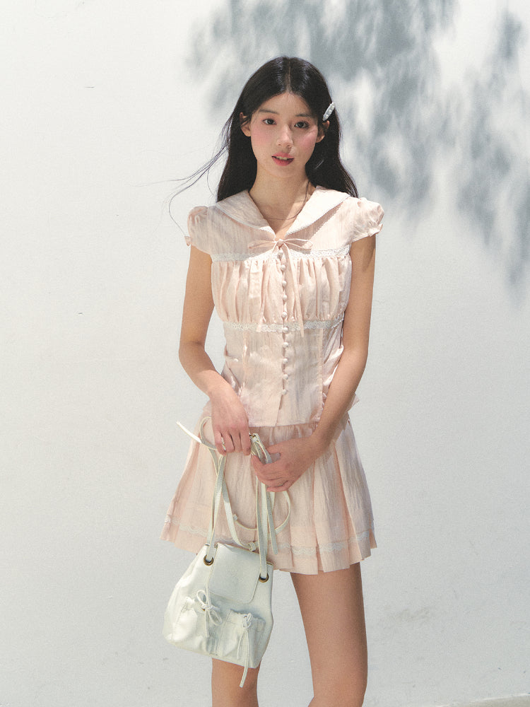 Navy Collar Lyocell Waist-cinching Shirt & Skirt Set - CHINASQUAD