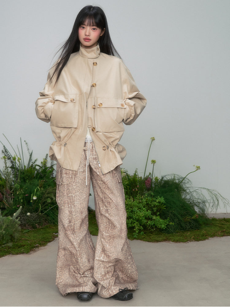 Leopard Print Cargo Drawstring Wide-Leg Pants - CHINASQUAD