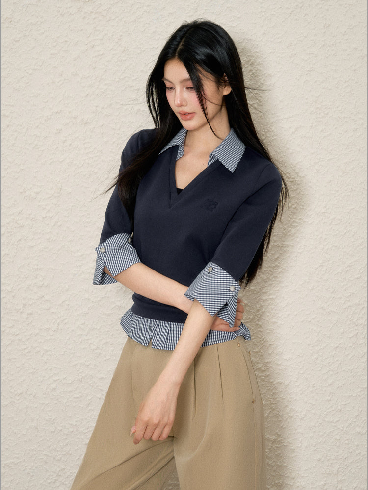 Faux Two-Piece Plaid Patchwork V-Neck Top - CHINASQUAD
