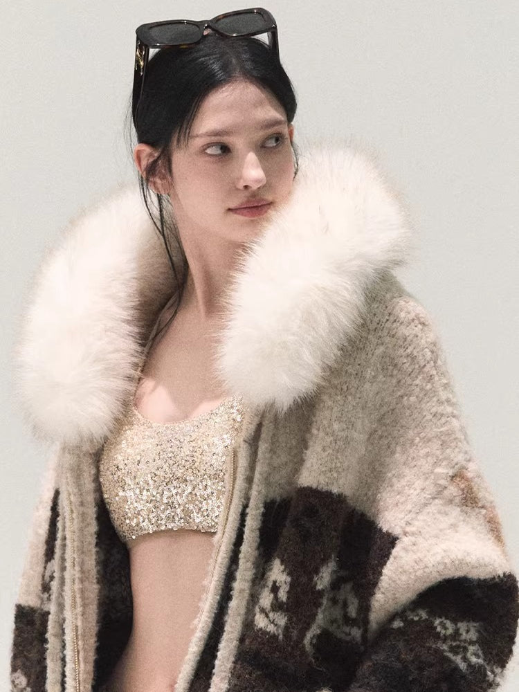 Detachable Fur-Collar Wool Hooded Cardigan