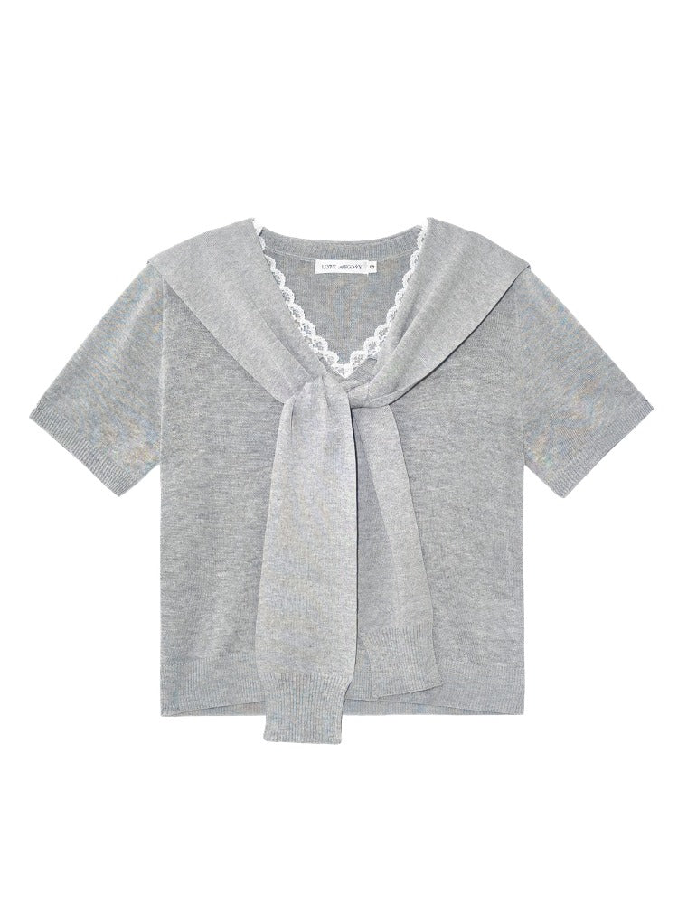 Lace Spliced V-Neck Knitted T-Shirt - CHINASQUAD