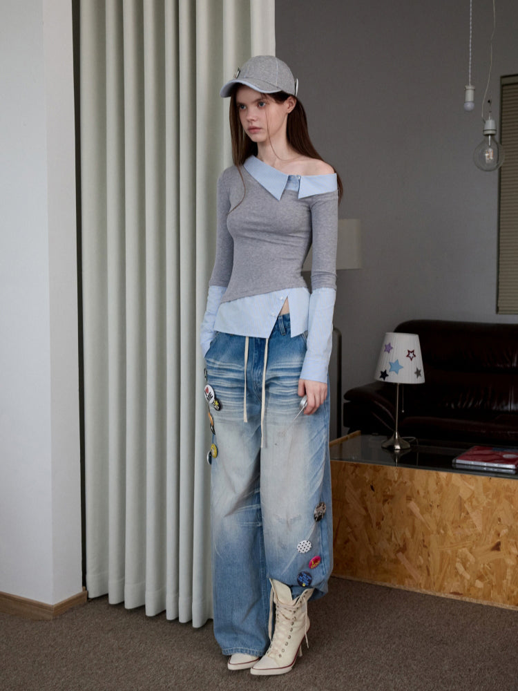 Asymmetric Collar Fake Two-Piece Fitted Blouse - CHINASQUAD