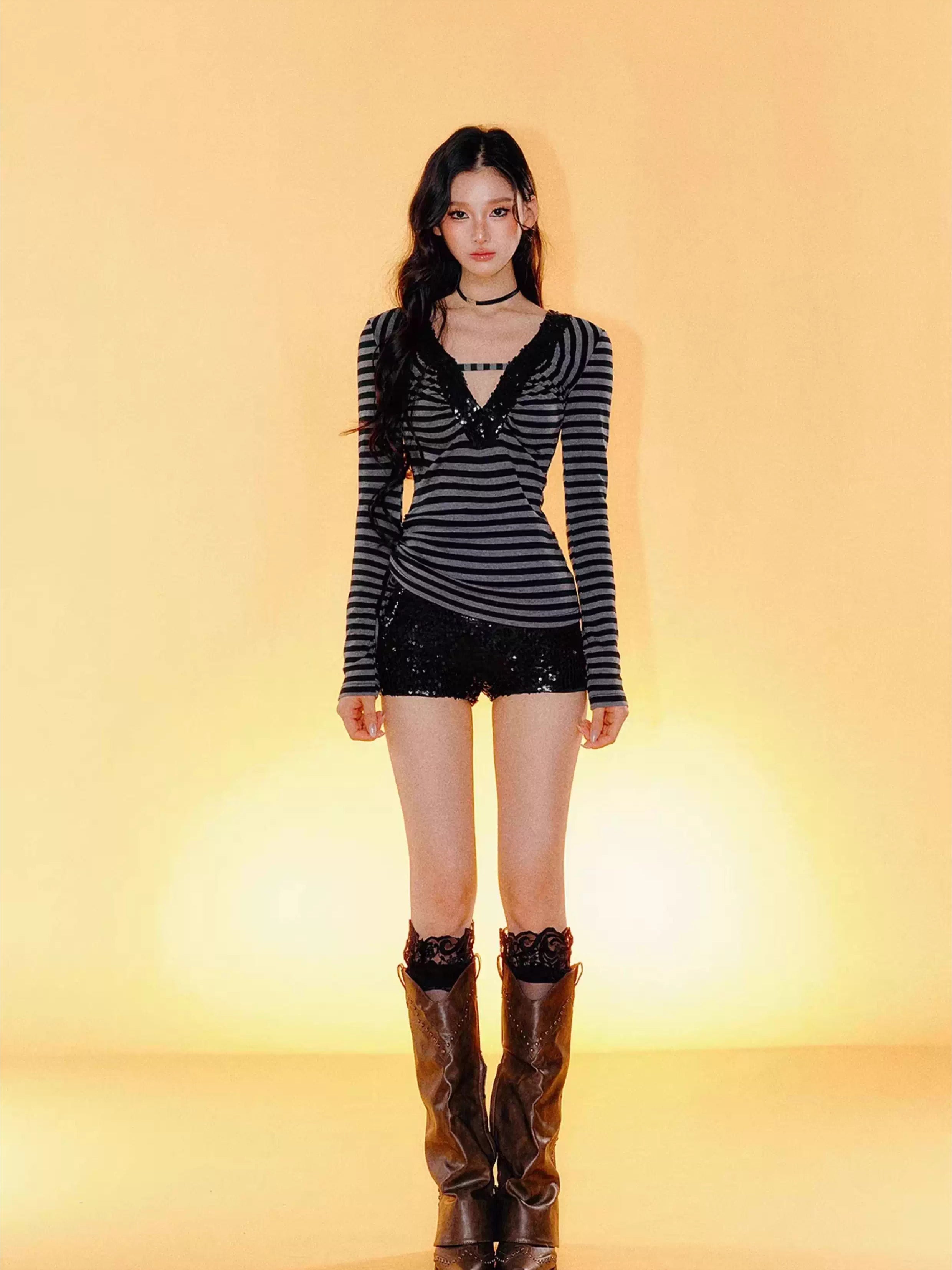 Striped V-Neck Slim-Fit Top & Shorts Set