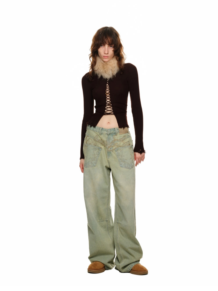 Distressed Washed Green Wide-Leg Jeans - CHINASQUAD