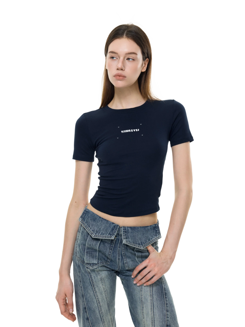 Letters Print Baby Tee In Navy blue