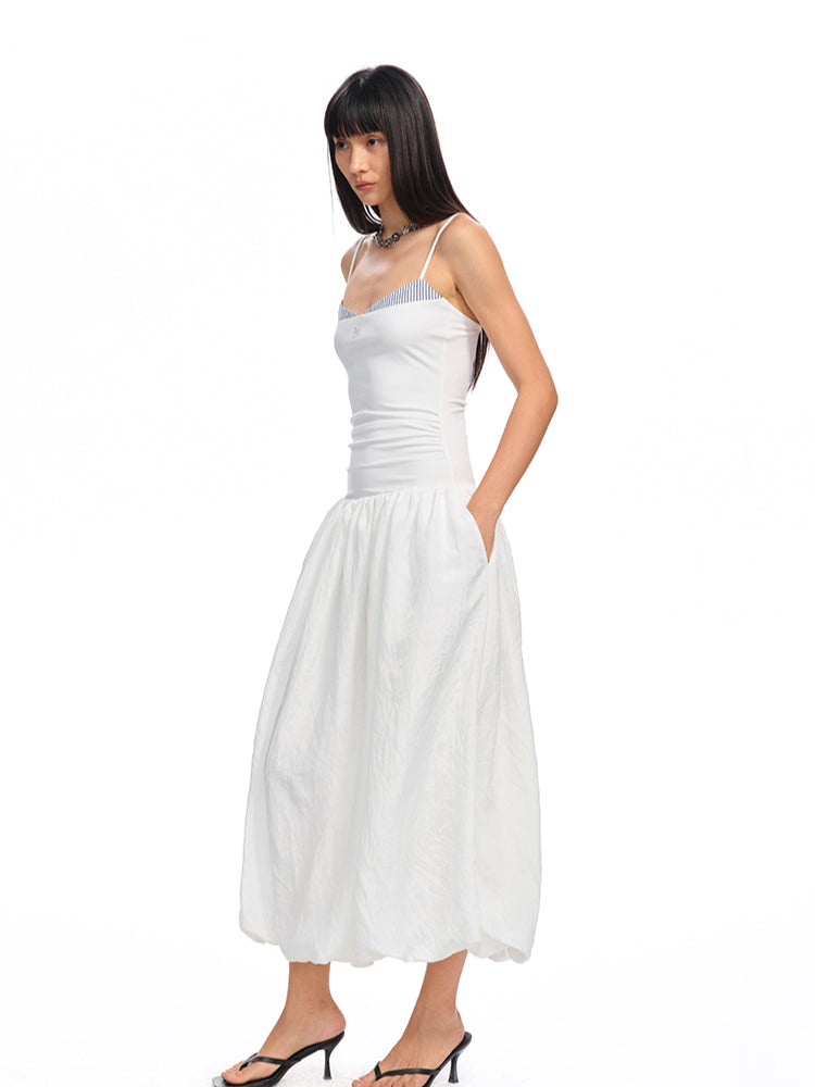 Color - Block Splicing Strappy Puff Dress - CHINASQUAD