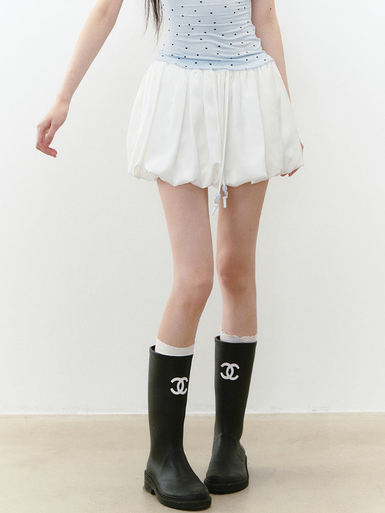 White Satin Tie-up Puff Skirt