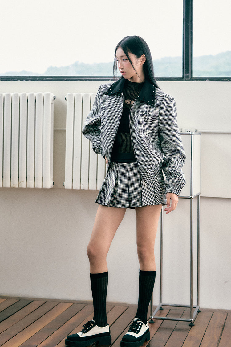 Silhouette Flight Jacket with Plaid Skirt Set - CHINASQUAD