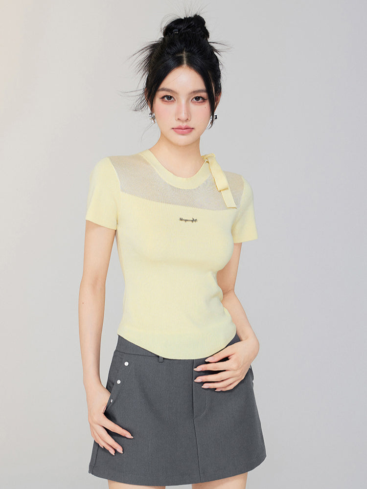 Hollow-out Tie-up Knit Round Neck Short Sleeve Top - CHINASQUAD