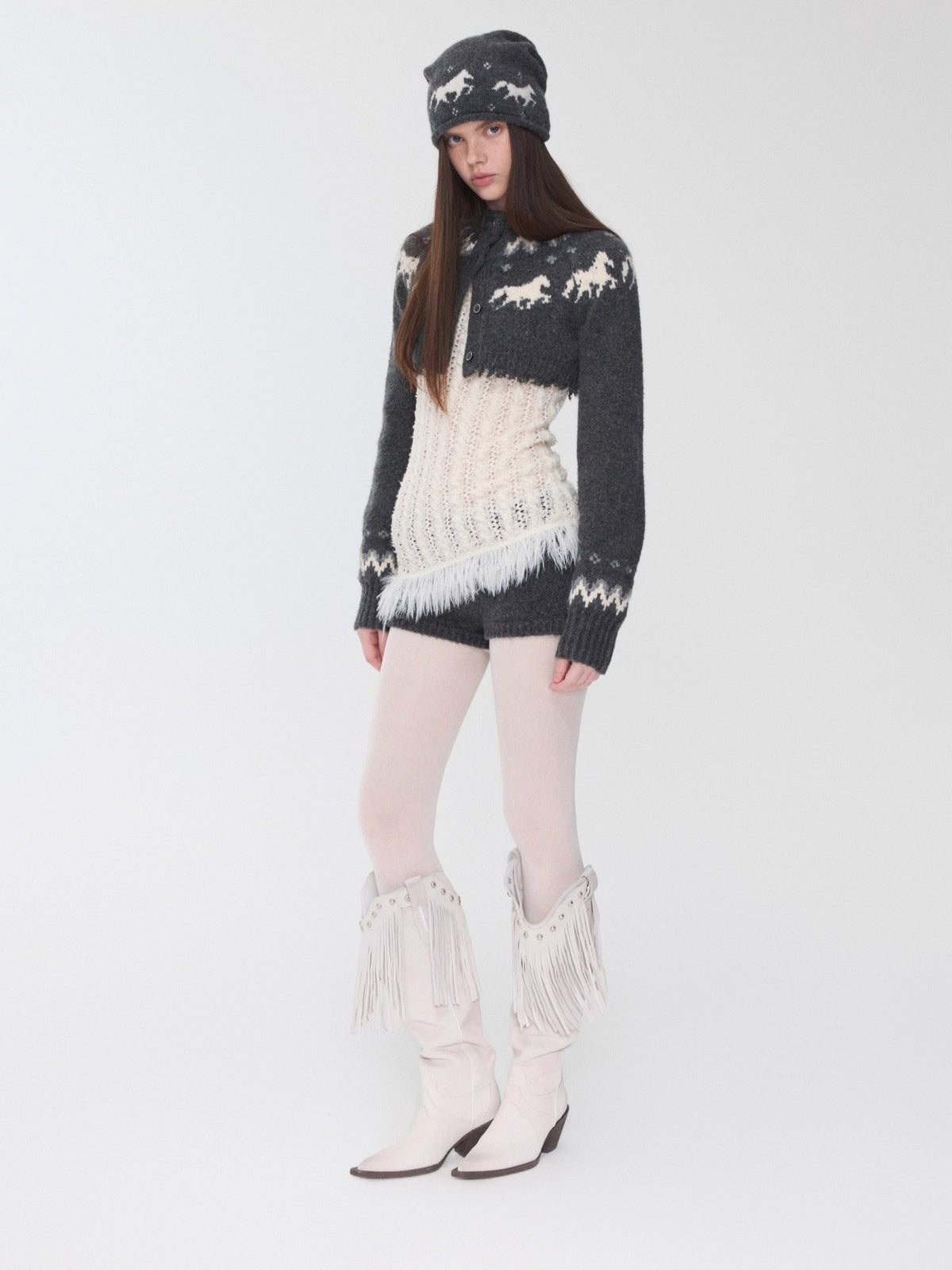 Fair Isle Pony Jacquard Knit Short Cardigan & Shorts Set
