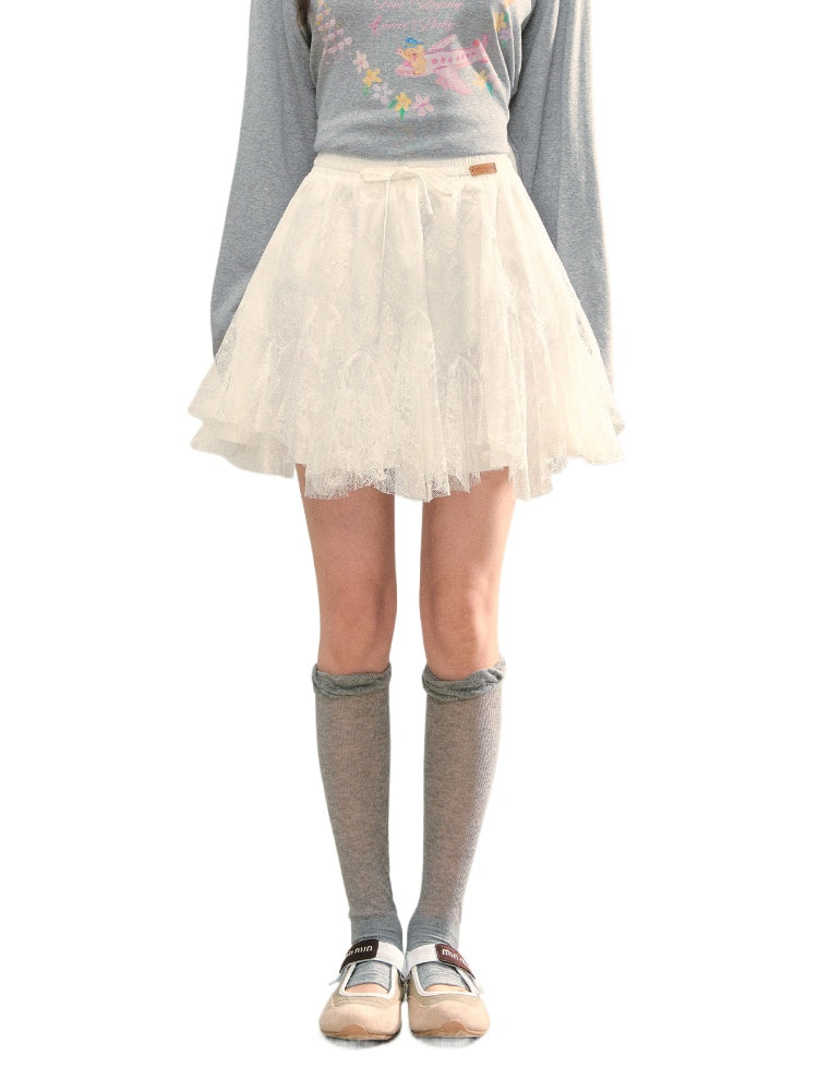 High-Waist Lace Tie Puff Skirt - CHINASQUAD