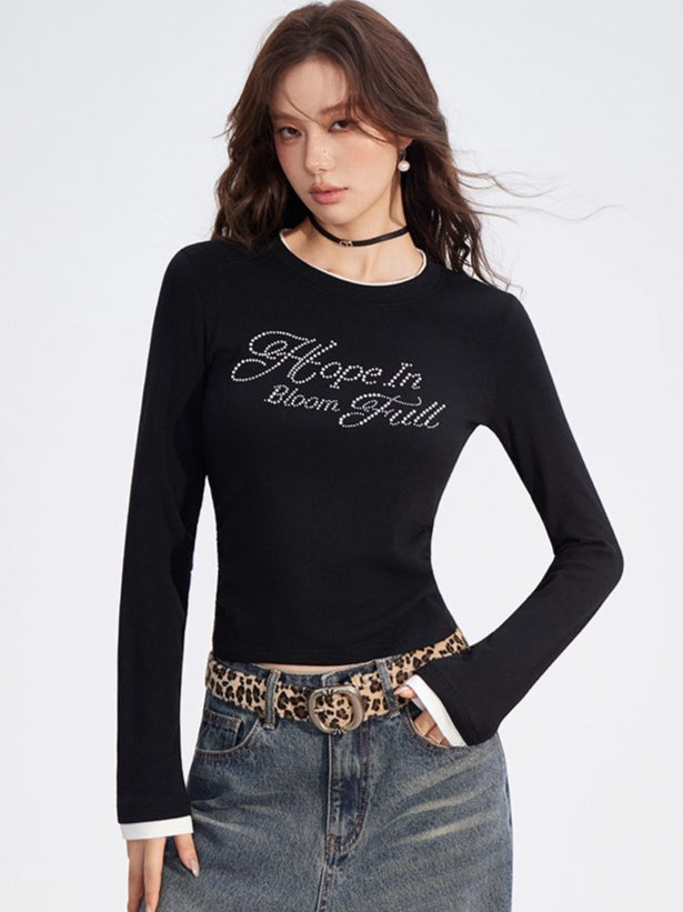 Dual-Layer Letter Embellished Slim-Fit T-Shirt