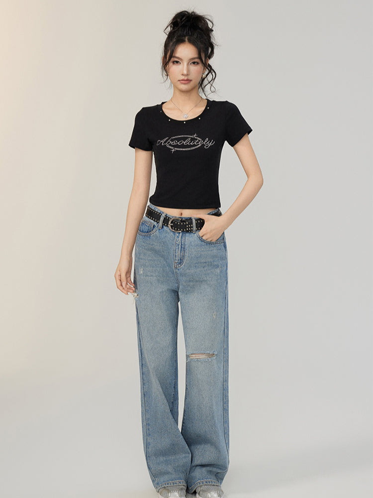 Rivet-Rhinestone Regular Shoulder T-shirt