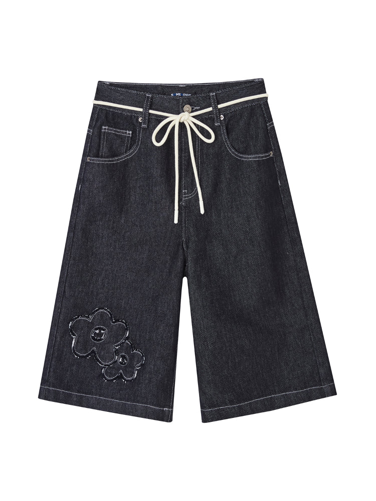 Original Color Raw-edge Floral Denim Shorts - CHINASQUAD