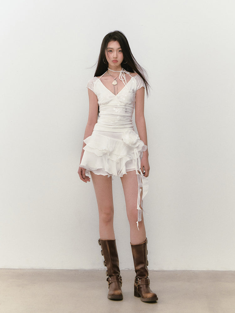 Mesh Jacquard Halter Lace Short-sleeve T-shirt