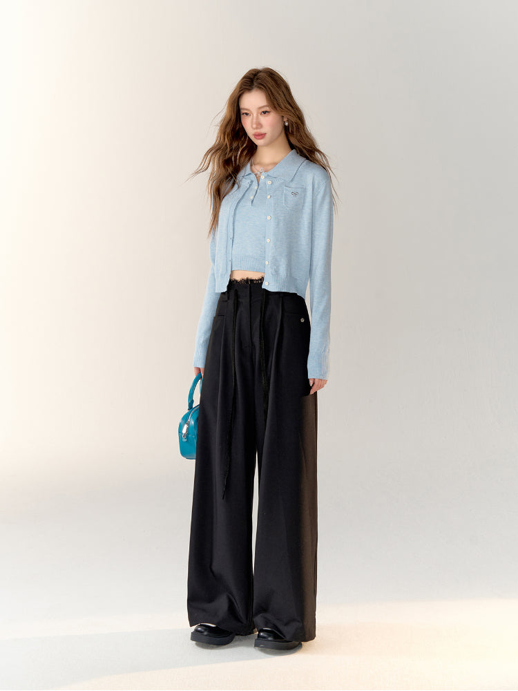 Lace Spliced High-Waisted Straight-Leg Wide Pants - CHINASQUAD