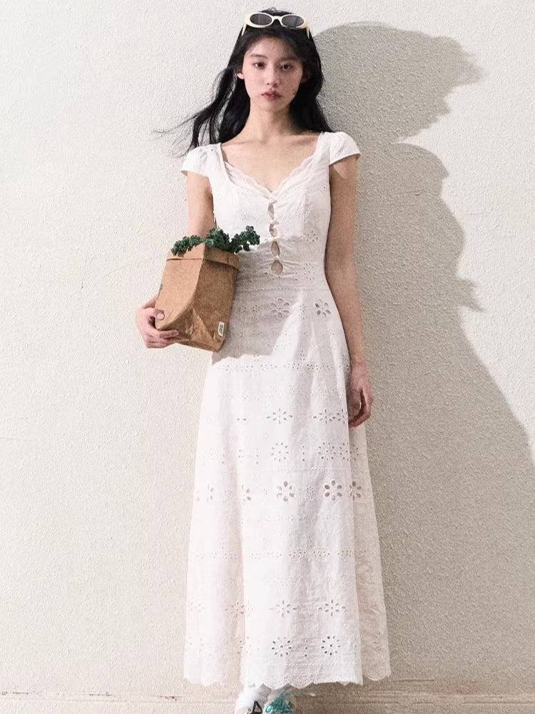 Cream White Lace-Panel Slim Fit Textured Dress