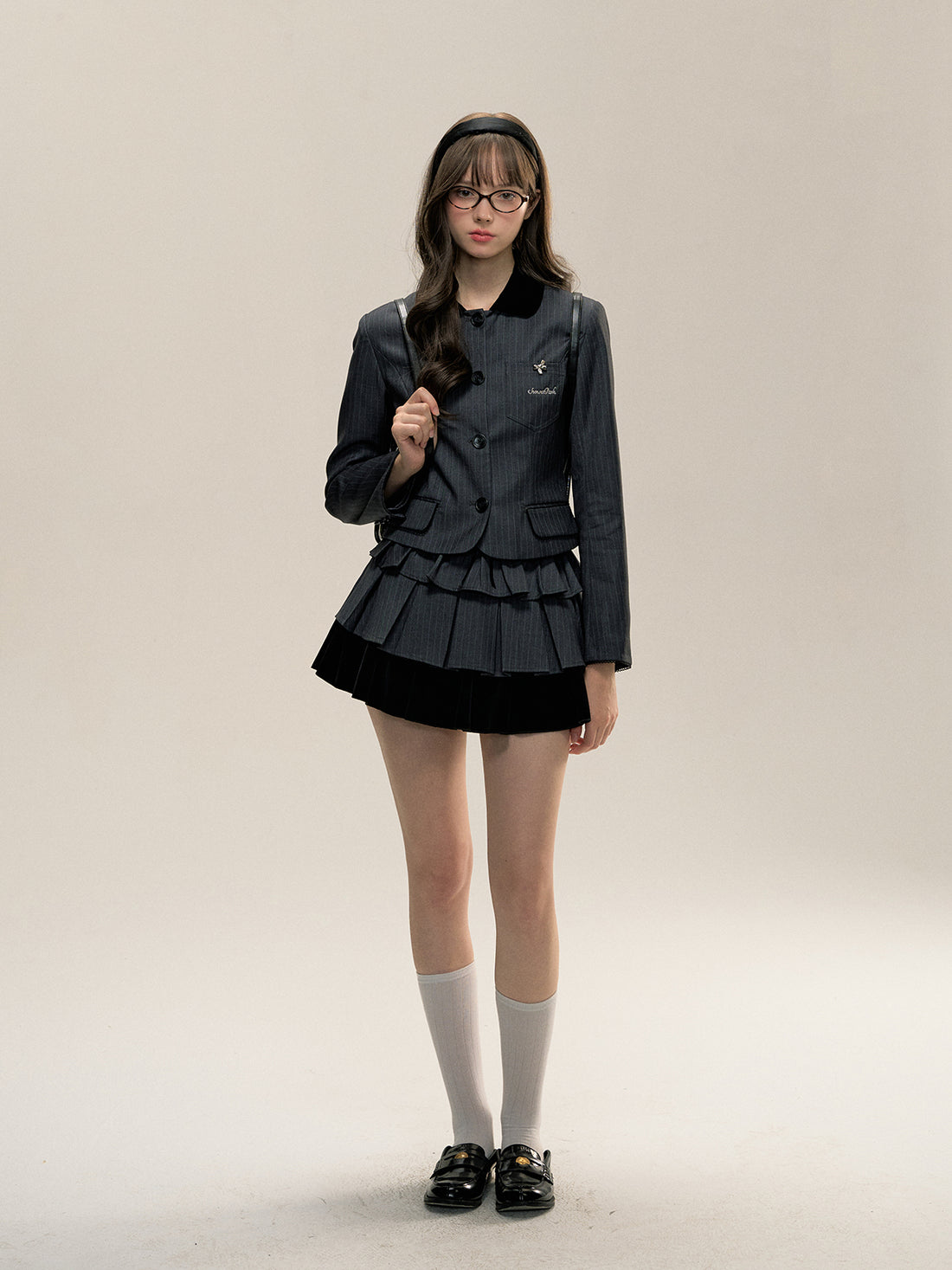 Gray Collar Patchwork Striped Blazer - CHINASQUAD
