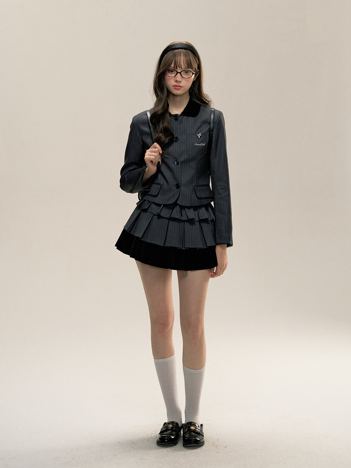 Gray Collar Patchwork Striped Blazer - CHINASQUAD
