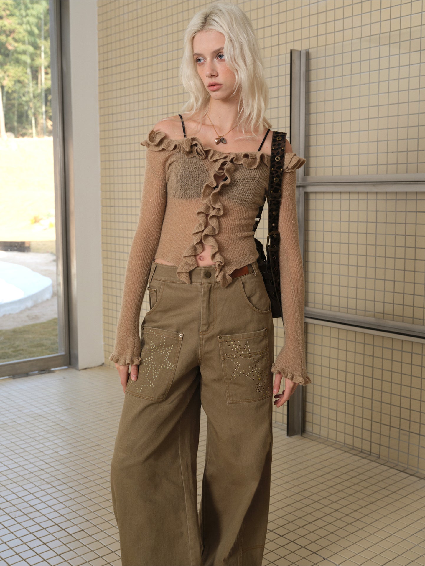 Shimmering Ruffle Off-Shoulder Cardigan - CHINASQUAD