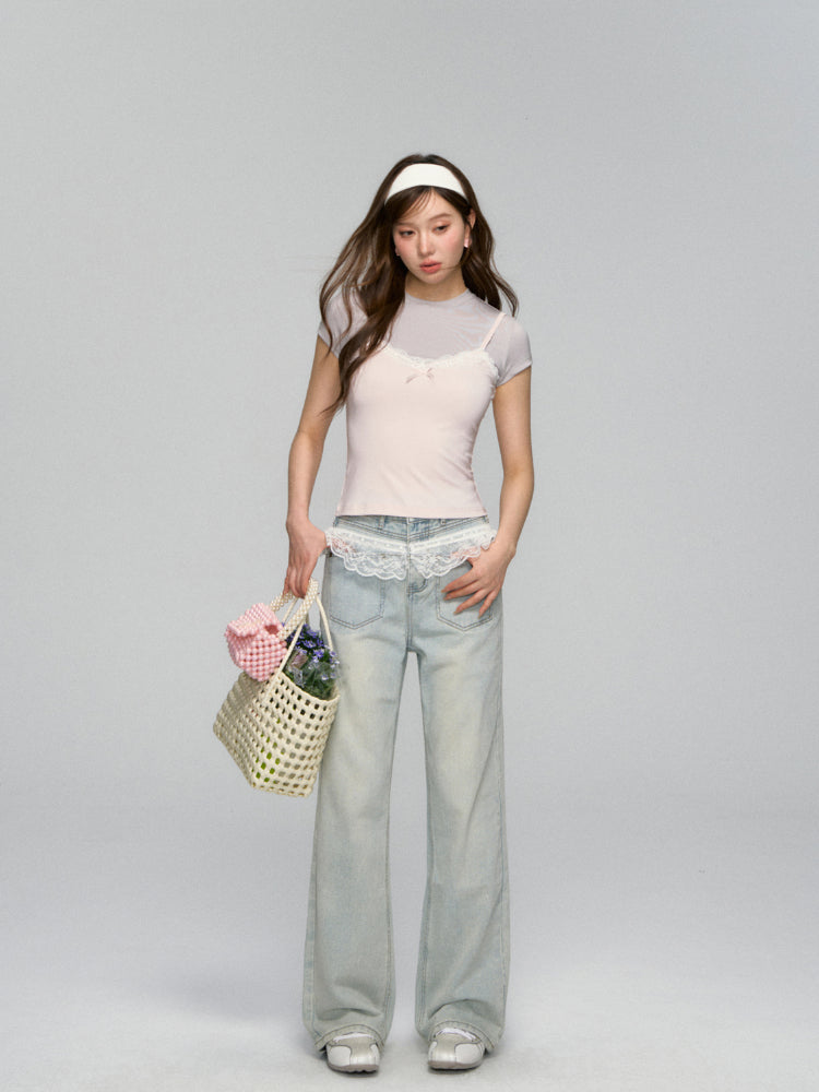 Fake Two Piece Lace Bow Short-Sleeve T-shirt - CHINASQUAD