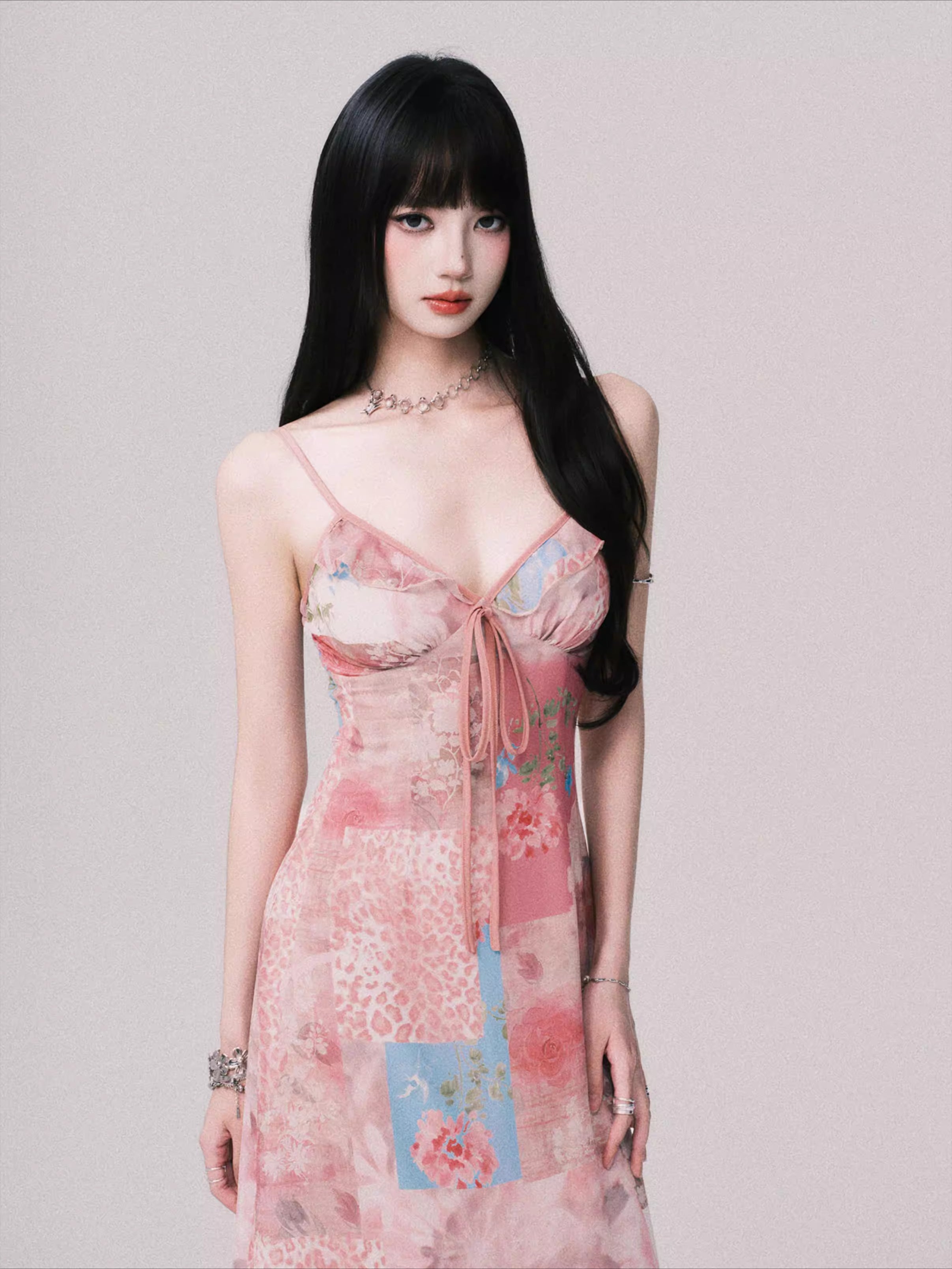 Floral V-Neck Spliced Print Slip Dress