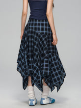 Irregular Navy Blue Checked Midi Skirt - CHINASQUAD