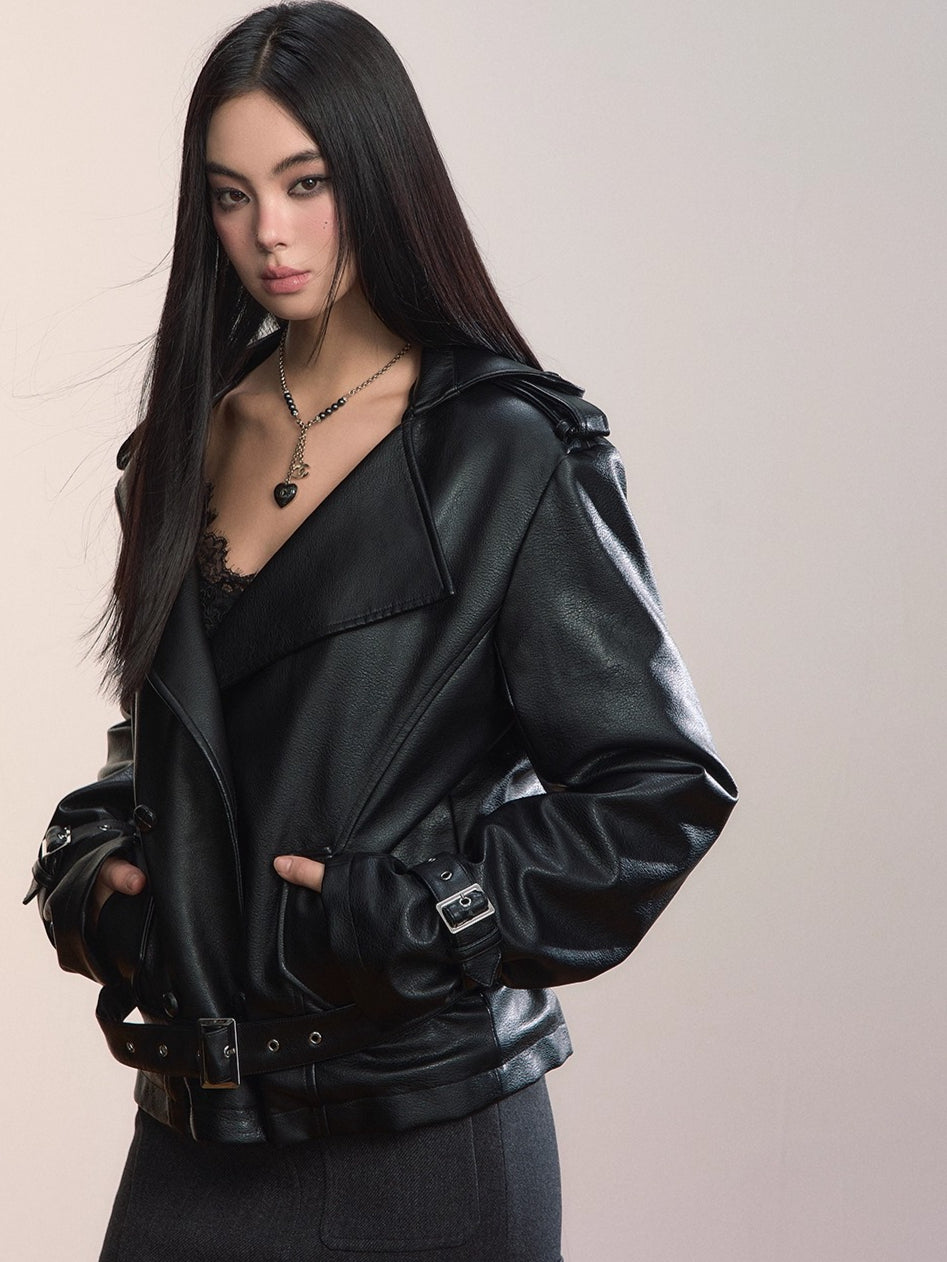 Faux Shearling-Lined Hooded PU Moto Jacket