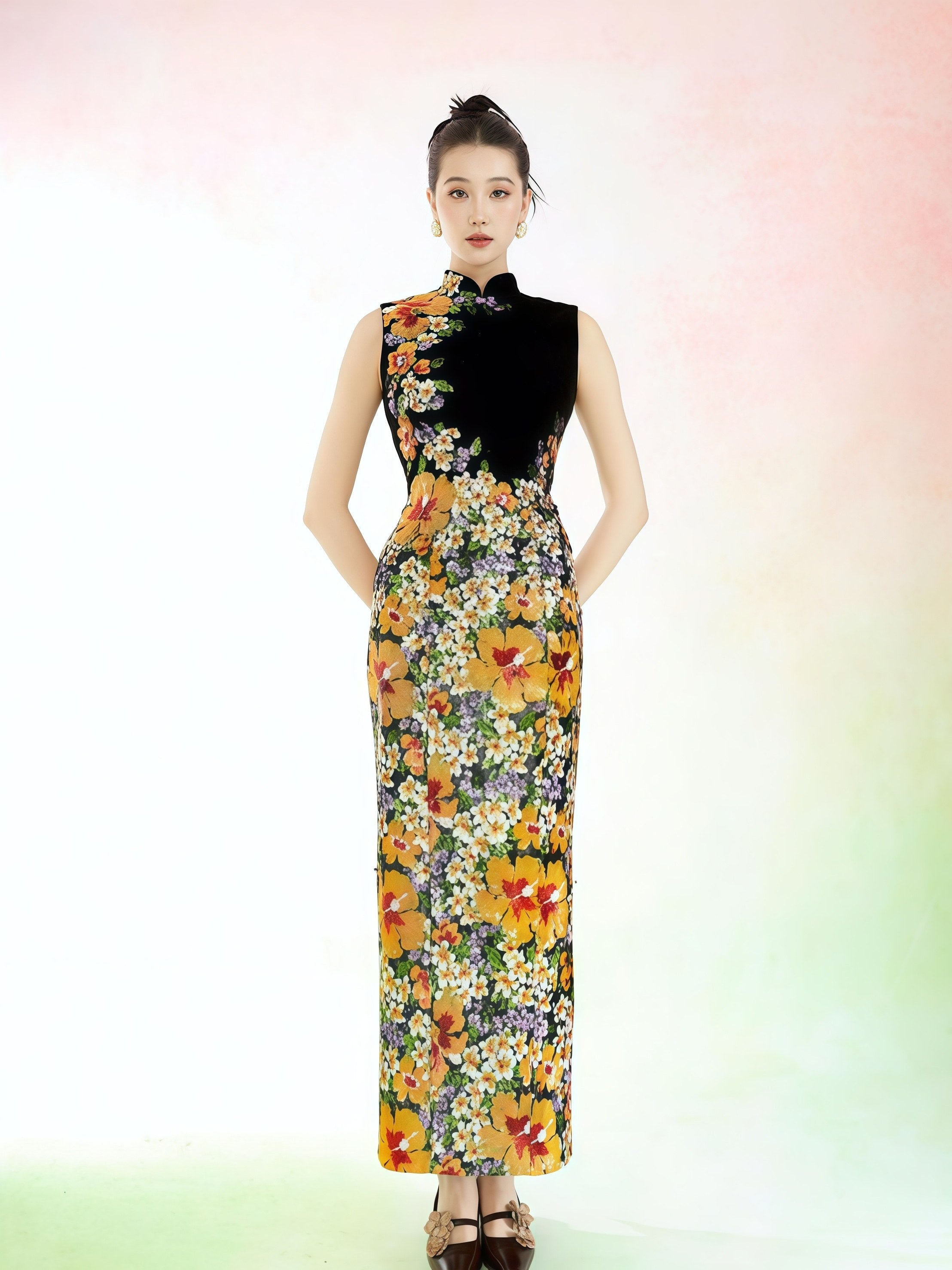 Black Velvet Floral Cheongsam Maxi Dress