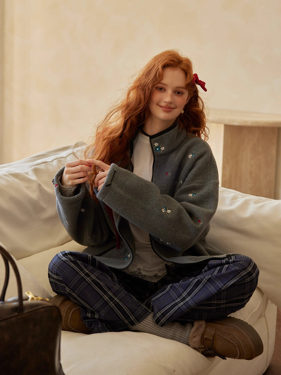 Floral Embroidered Plaid Fleece Oversized Jacket
