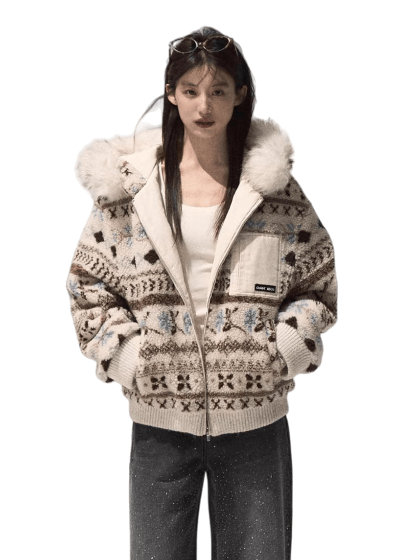 Jacquard Shearling Hooded Short Jacket