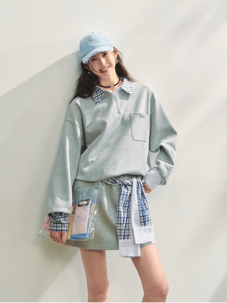 Fake Two-Piece Checkered Shirt Panel Sweatshirt - CHINASQUAD