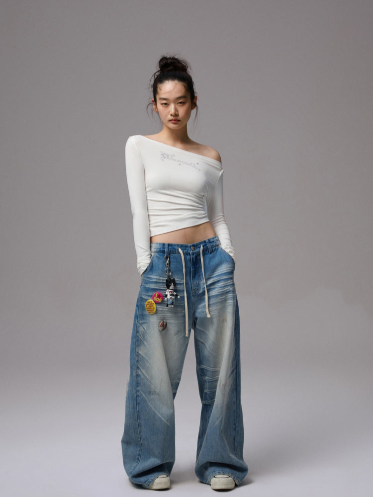 Rhinestone One-Shoulder Long-Sleeve T-Shirt - CHINASQUAD