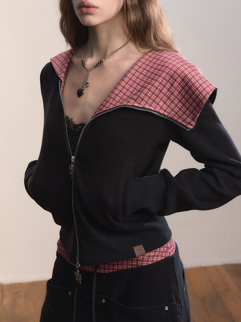 Asymmetric Contrast Collar Zip-up Hoodie - CHINASQUAD