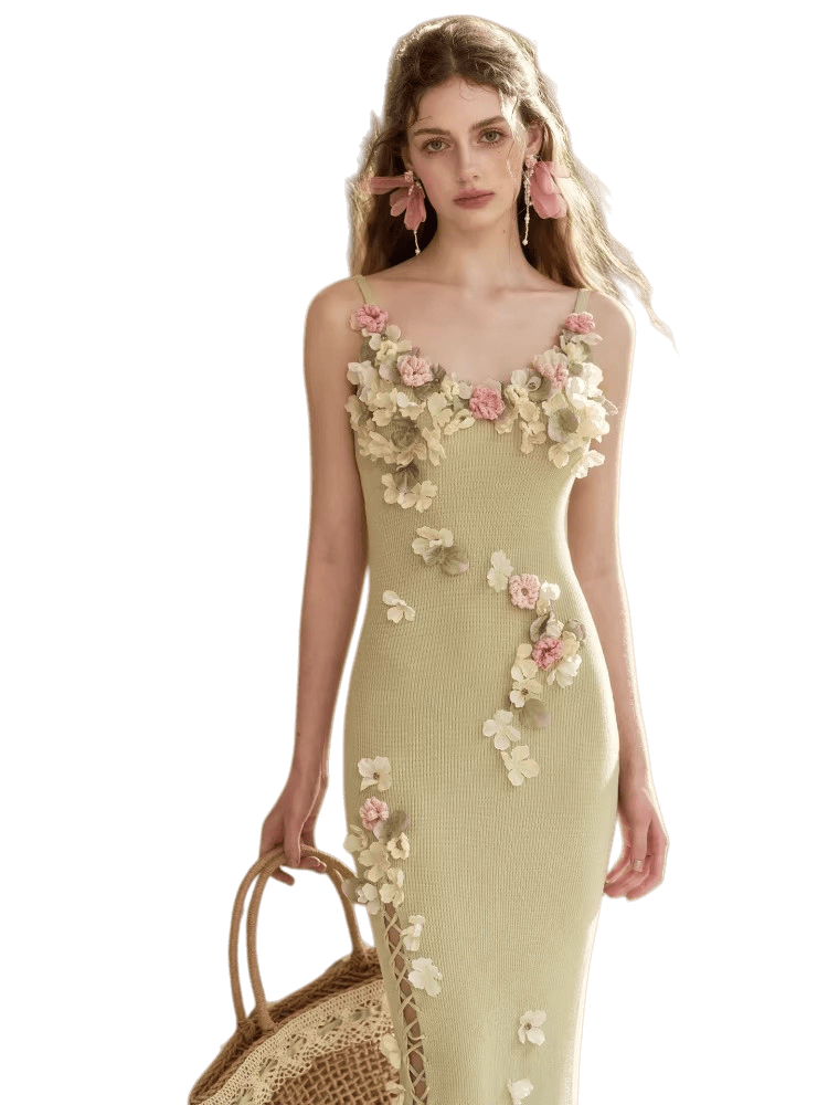 French Couture Floral Knit Split Slip Dress