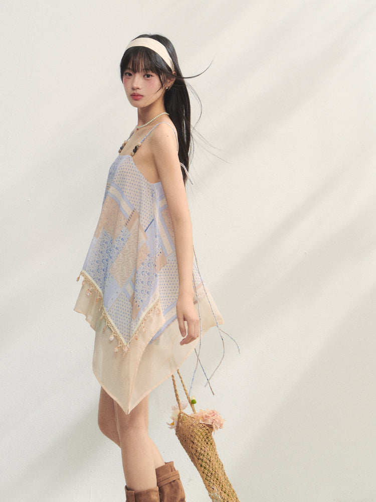 Irregular Beaded Strappy Printed Slip Dress - CHINASQUAD