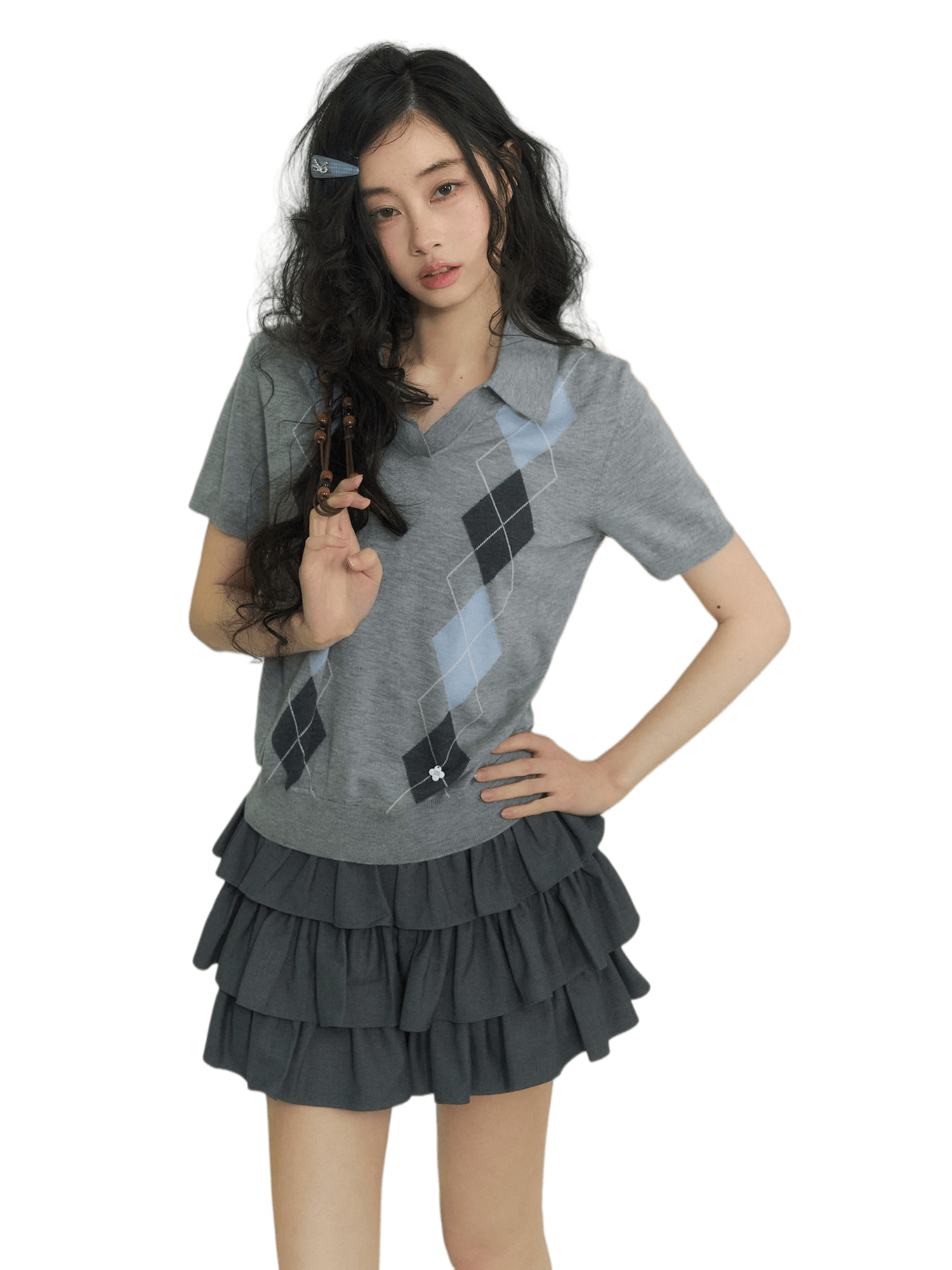 Diamond Panel Colorblock Polo Knit Top