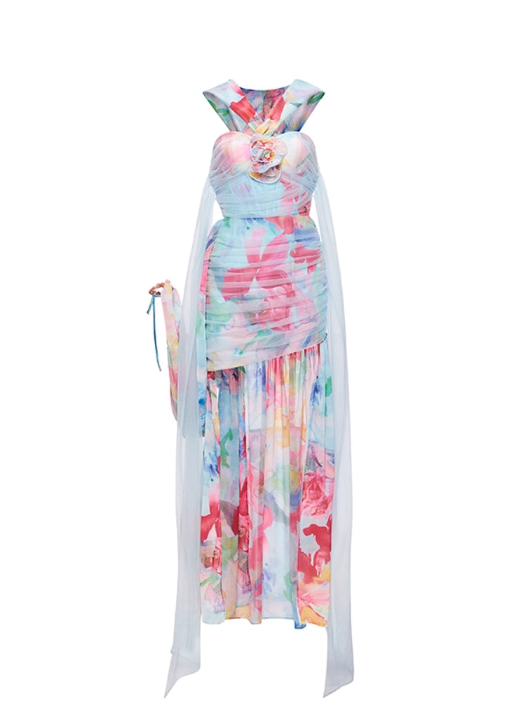 Rosa Chiffon Floral-print Halter Neck Backless Dress - CHINASQUAD