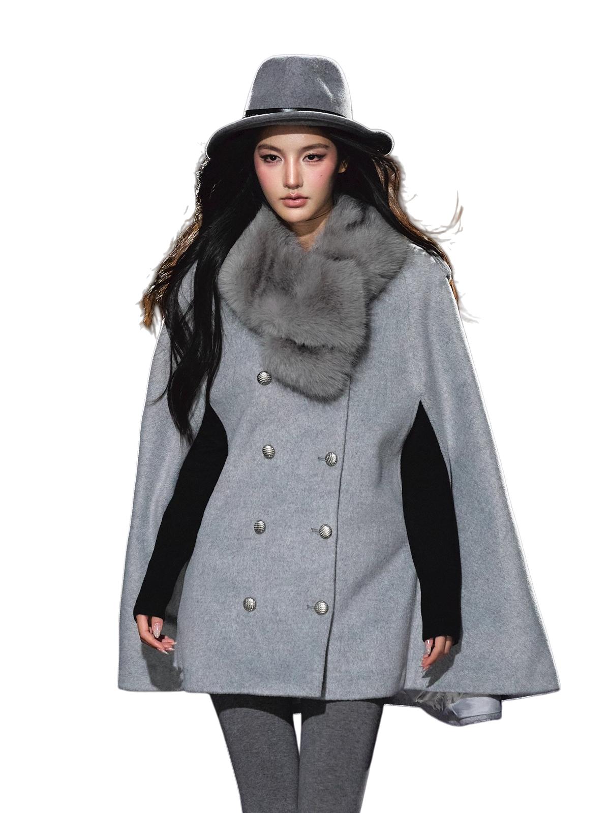 Wool-Blend Detachable Fur-Collar Cape Coat