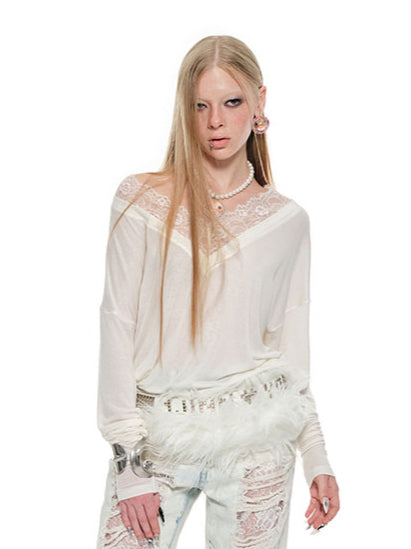 V-Neck Lace Trim Layered Blouse - CHINASQUAD