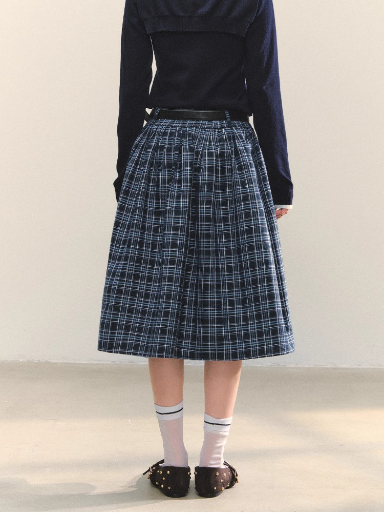 High-Waist Belted Plaid Umbrella Skirt